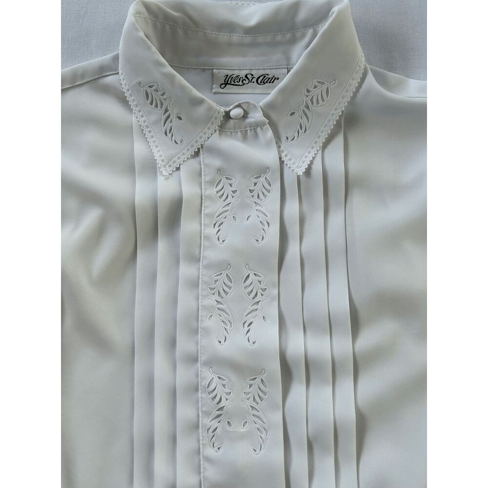 Yves St. Clair Pleated White Long Sleeve Collared Blouse, Size 14, Button Down - Picture 9 of 10